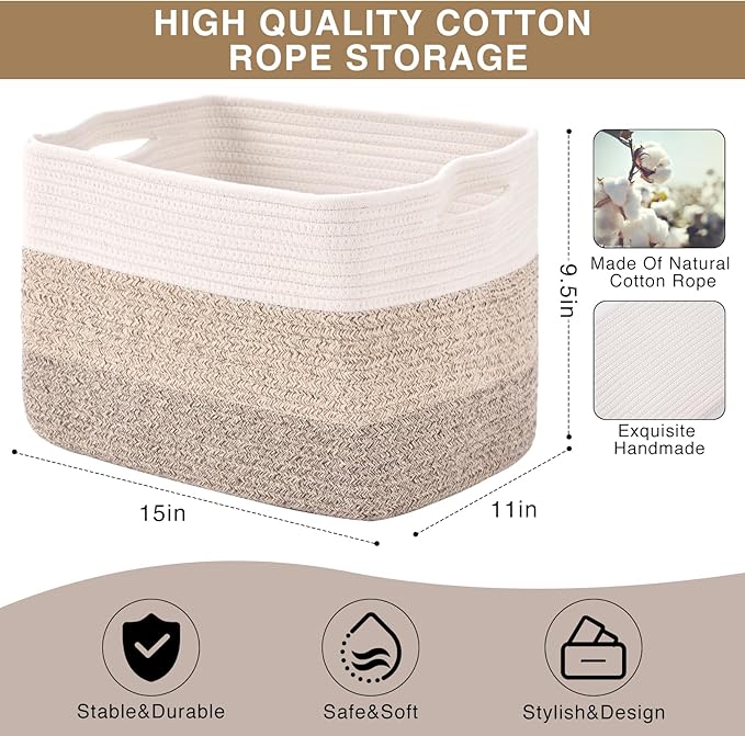 ICERZCZ Storage Baskets for Organizing Shelves, Woven Cotton Rope Bins for Baby Nursery Organization, Book Toy Towel Organize