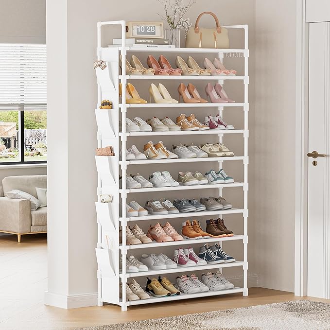 LUKYTOWER Tall Shoe Rack 10 Tier Shoe Racks Organizer for Closet 40-45Pairs,Large Capacity Storage Rack for Shoes with 5Hooks
