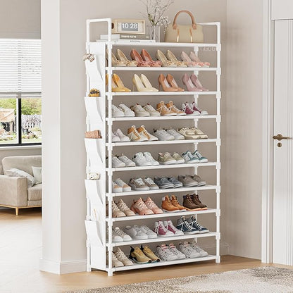 LUKYTOWER Tall Shoe Rack 10 Tier Shoe Racks Organizer for Closet 40-45Pairs,Large Capacity Storage Rack for Shoes with 5Hooks