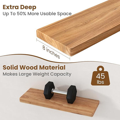 Floating Shelves for Wall, 24"Wx8"D Rustic Solid Elm Wood Floating Shelves Wall Mounted, Round Edge Wall Shelves with Invisib
