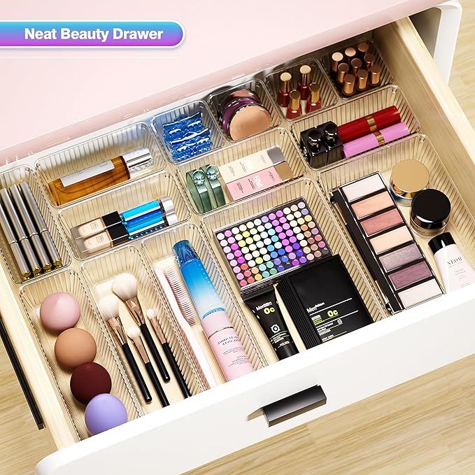 15 PCS Clear Plastic Drawer Organizer Set - 4 Sizes Makeup Organizer Desk Drawer Divider Bathroom Organizers and Storage Bins