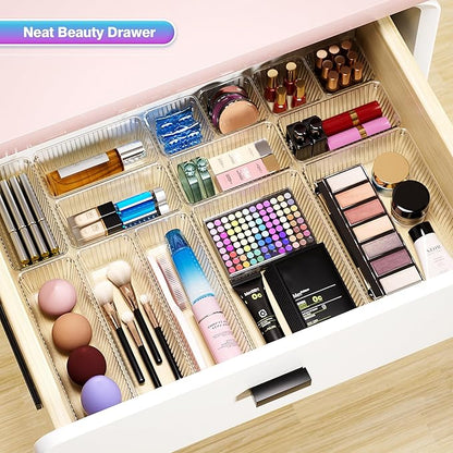15 PCS Clear Plastic Drawer Organizer Set - 4 Sizes Makeup Organizer Desk Drawer Divider Bathroom Organizers and Storage Bins