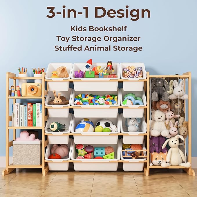 Toy Storage Organizer with Bookshelf and Stuffed Animal Storage - Kids Playroom Organization with Shelves and 12 Toy Bins - T
