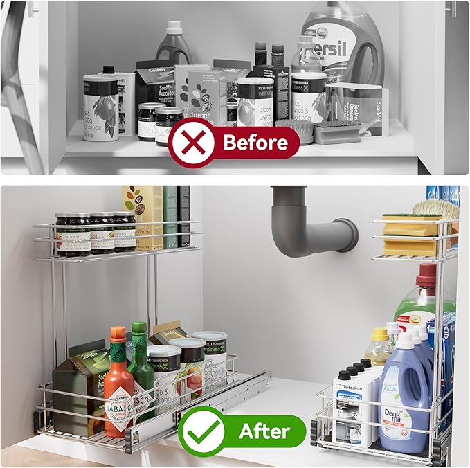 Under Sink Organizer 9" W X17 D, Pull Out Cabinet Organizer 2 Tier, Under Sink Slide Out Chrome Plated, Under Kitchen Bathroo