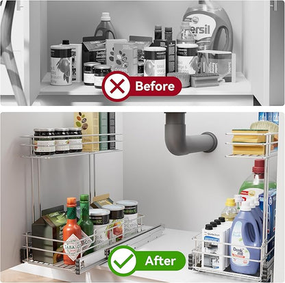 Under Sink Organizer 9" W X17 D, Pull Out Cabinet Organizer 2 Tier, Under Sink Slide Out Chrome Plated, Under Kitchen Bathroo