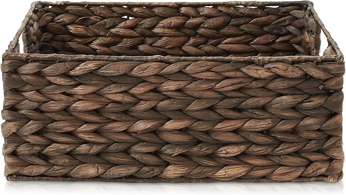 Casafield Set of 4 Water Hyacinth Pantry Baskets, 10" x 13" x 5", with Chalkboard Labels and Chalk Marker - Espresso, Woven S