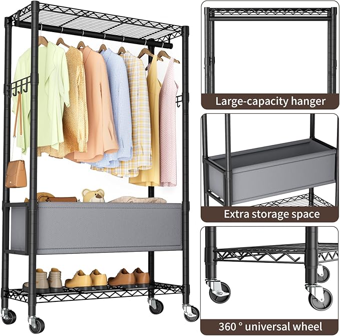 Heavy Duty Clothes Rack Rolling Garment Rack,3 Tier Adjustable Wire Shelving Clothing Racks for Hanging Clothes with Double R