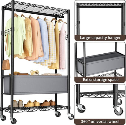 Heavy Duty Clothes Rack Rolling Garment Rack,3 Tier Adjustable Wire Shelving Clothing Racks for Hanging Clothes with Double R