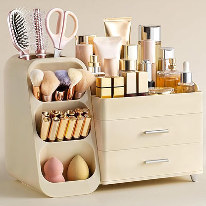 HBlife Makeup Organizer with Brush Holder for Vanity, Large Plastic Bathroom Countertop Organizer Skin Care Storage, Easy to 