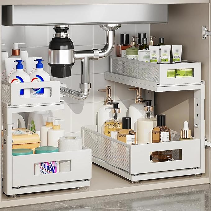 2 Pack Under Sink Organizer With Next-Gen Ball-Bearing Slides,2-Tier Pull Out Cabinet Storage,Height Adjustable Drawer Shelf 