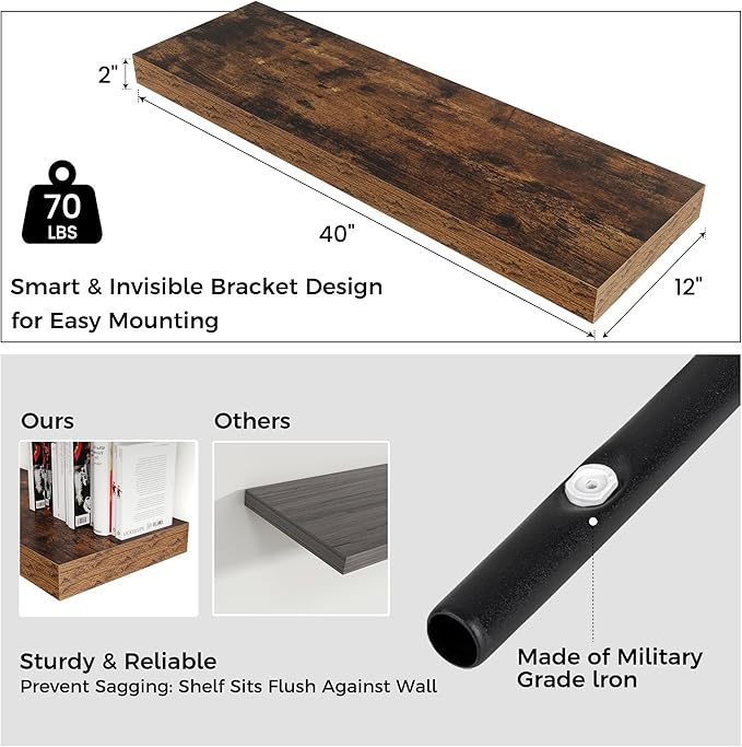 Floating Shelves for Wall, 40" W x 12" D x 2" H, 1 Pack of Long Wall Mounted Engineered Wood Shelves with Invisible Brackets 