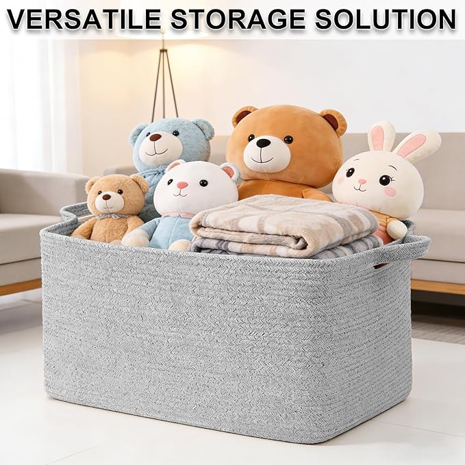 65L Large Blanket Basket,21"x16"x12" Rectangle Storage Bin with Handles,Woven Rope Laundry Basket for Toys, Clothes,Pillows,M