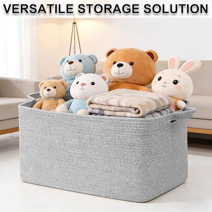 65L Large Blanket Basket,21"x16"x12" Rectangle Storage Bin with Handles,Woven Rope Laundry Basket for Toys, Clothes,Pillows,M