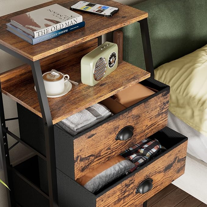 Furnulem Nightstand with 3 Drawers and 2-Tier Shelf, Fabric Small Dresser Organizer Vertical Storage Tower for Bedroom, Close