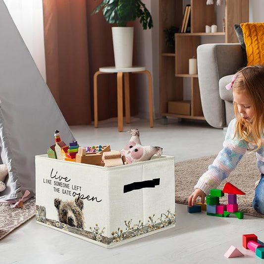 Rustic Bear Storage Bins & Boxes with Handles, Farmhouse Bear Foldable Basket for Organizing, Live Like Someone Left the Gate