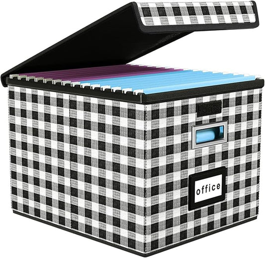 Huolewa File Organizer Box with Lid, Collapsible File Folder Organizer for Office Document Storage, Filing Box with Plastic S