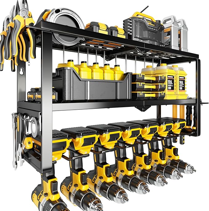 Hipidian Heavy Duty Power Tool Organizer Wall Mount - 300lb Capacity 3-Tier Storage Rack with 7 Drill Holders for Garage Work
