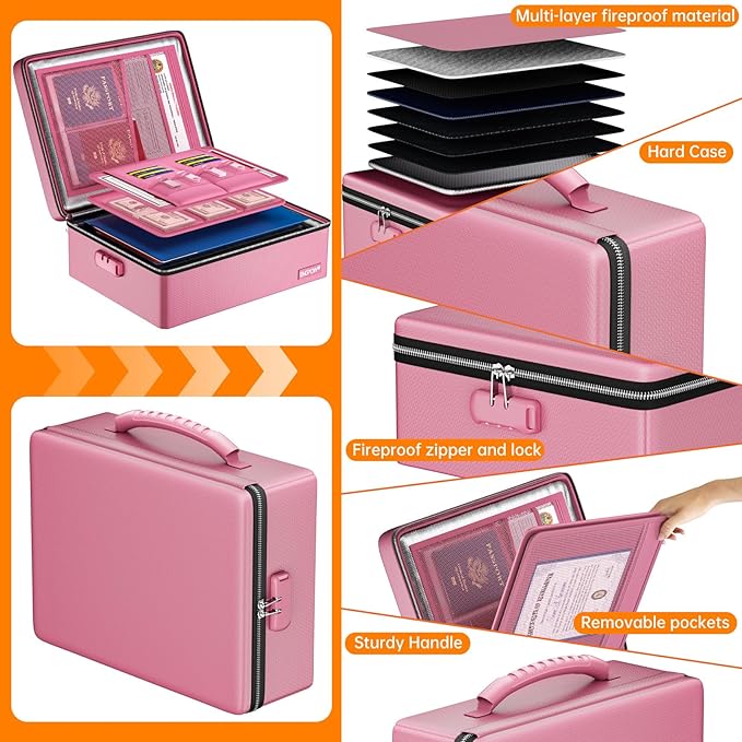 ENGPOW Fireproof Document Box, Hard Case File Box with Fireproof Zipper＆Lock, 6400°F Heat Insulated Fire and Water Resistant 