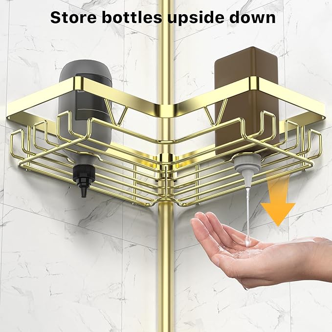 KEGII Corner Gold Shower Caddy Tension Pole - 4-Tier Rustproof Shower Rod Organizer, Floor to Ceiling Tension Rod 25-114.2 in