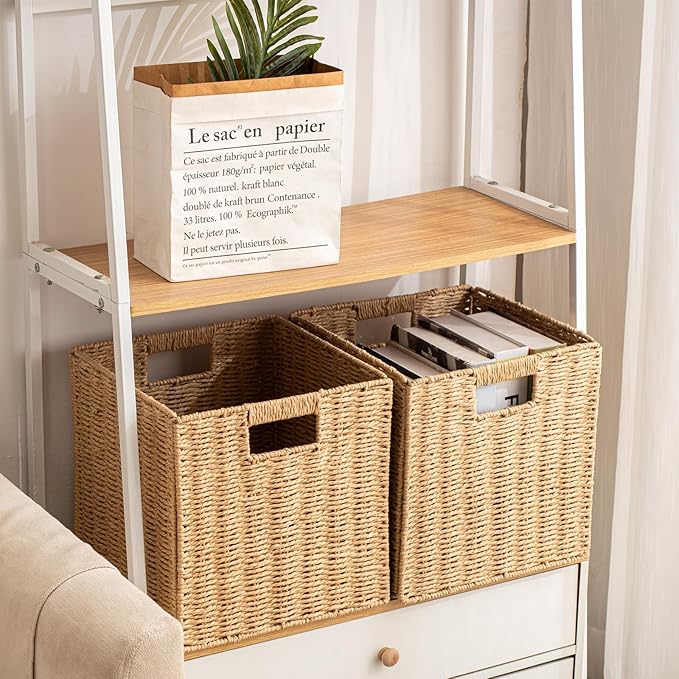 Foldable Storage Baskets with Handles Paper Rope Storage Baskets Rectangle Collapsible Hand Woven Storage Cubes Bins for Orga