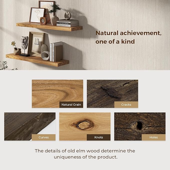 Dreamland 24 Inch Floating Shelves, Rustic Elm Wood Wall Shelf for Home Decor, 8 Inch Deep Floating Shelf for Wall, 24 x 8 Ba