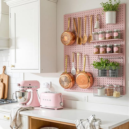 Peg Board, 4 Pack Metal Pegboard Panels Pink Pegboards Wall Organizer with Frame Large Heavy Duty Peg Board with Hooks for Wa