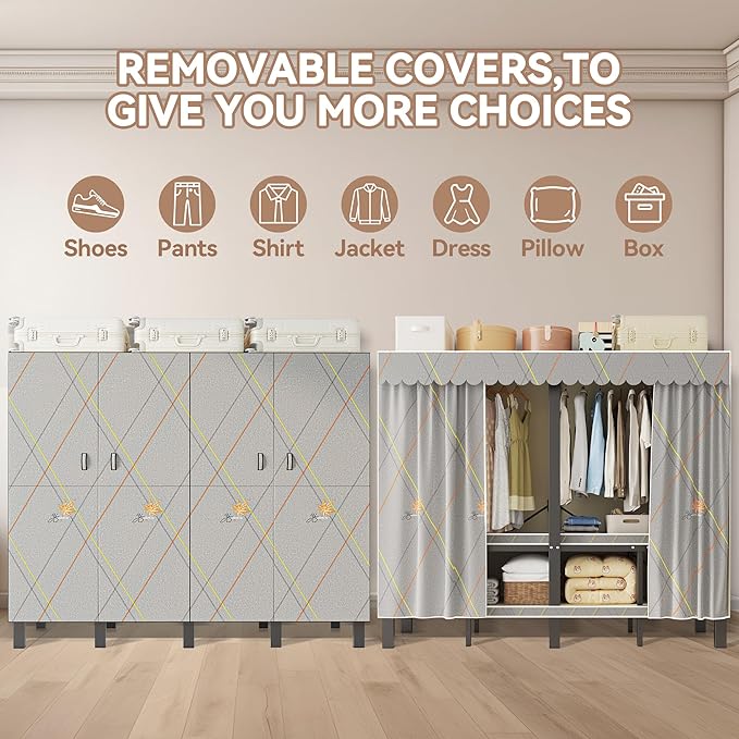 Heavy Duty Clothes Rack with Cover, Portable Wardrobe Closet with Magnetic Door & Black Steel Frame, Foldable Freestanding Ga
