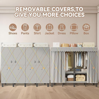 Heavy Duty Clothes Rack with Cover, Portable Wardrobe Closet with Magnetic Door & Black Steel Frame, Foldable Freestanding Ga