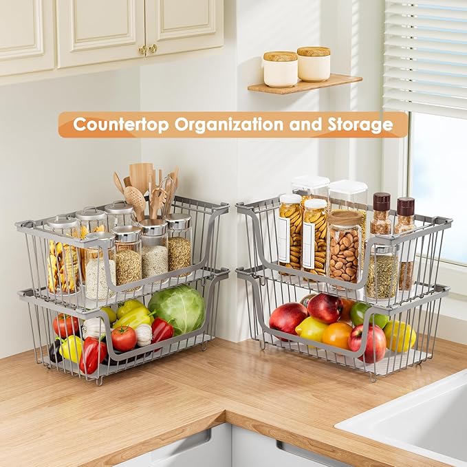 4 Pack Stackable Wire Baskets with Handles for Pantry Organizers and Storage, Fruit and Vegetable wire storage baskets, Potat