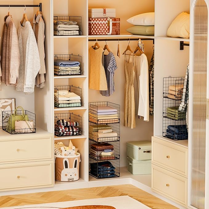 4-Tier Stackable Closet Organizers and Storage Shelves, Foldable Closet Shelf Organizer System, Stackable Storage Bins Drawer
