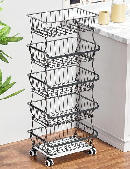 OKZEST 5 Tier Fruit Basket for Kitchen, Stackable Bins Wire Rack with Wheels, Fruit and Vegetable Storage Basket Pantry Food 