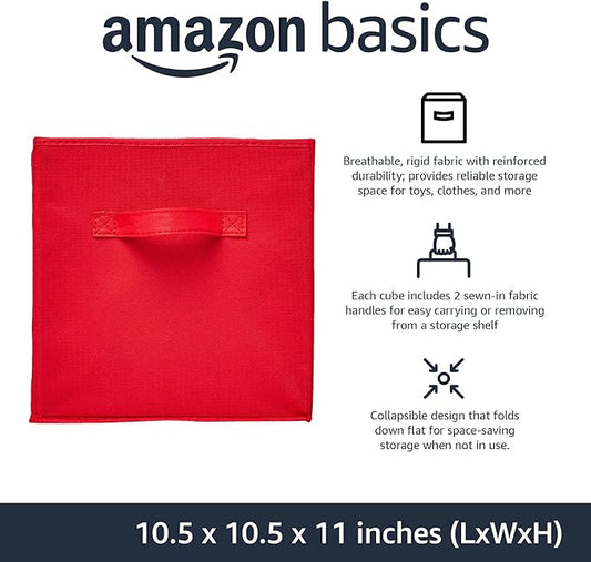 Amazon Basics Collapsible Fabric Storage Bins with Handles, Cube Organizer, Home Organization, 10.5"x10.5"x11", Red, 6-Pack