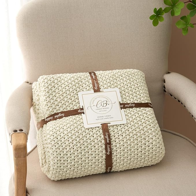 Chunky Cable Knit Throw Blanket Lightweight Cream 100% Organic Cotton Blanket for Sofa Couch Bed Baby Nursery, Rustic Shabby 