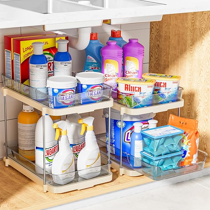 Delamu 2-Tier Multi-Purpose Bathroom Under Sink Organizers and Storage, Stackable Kitchen Pantry Organization, Pull Out Medic