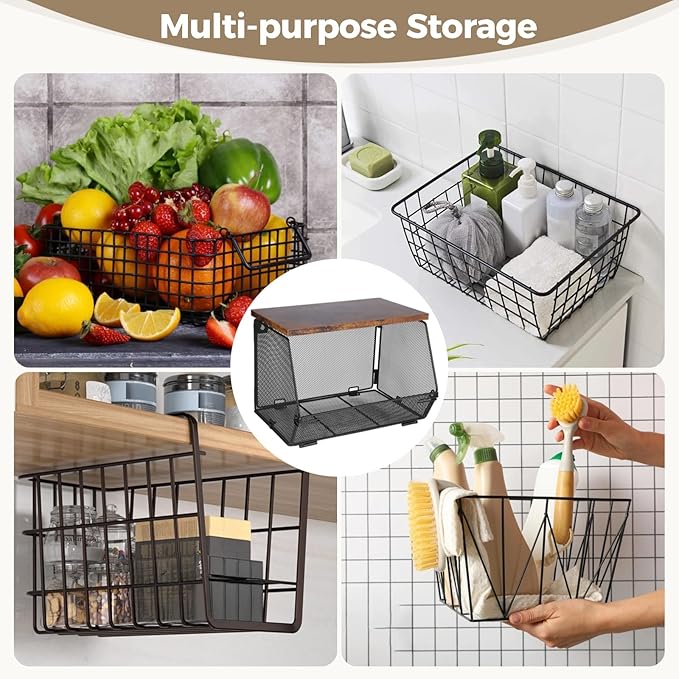Joyibay 4 Pcs Stackable Fruit Baskets, Metal Mesh Wall Storage Baskets with Wooden Lids, Folding Wire Organizers for Kitchen 
