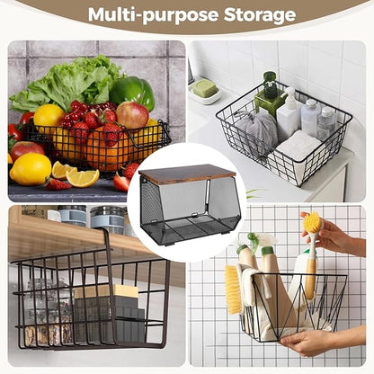 Joyibay 4 Pcs Stackable Fruit Baskets, Metal Mesh Wall Storage Baskets with Wooden Lids, Folding Wire Organizers for Kitchen 