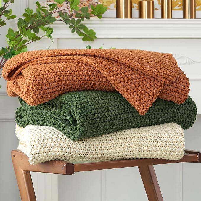 Chunky Cable Knit Throw Blanket Lightweight Cream 100% Organic Cotton Blanket for Sofa Couch Bed Baby Nursery, Rustic Shabby 
