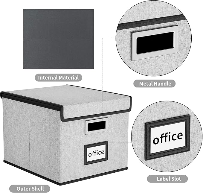 Huolewa Portable File Organizer Boxes Set of 4, Large Linen Hanging Office Document Storage Boxes with Lids, Collapsible Fili