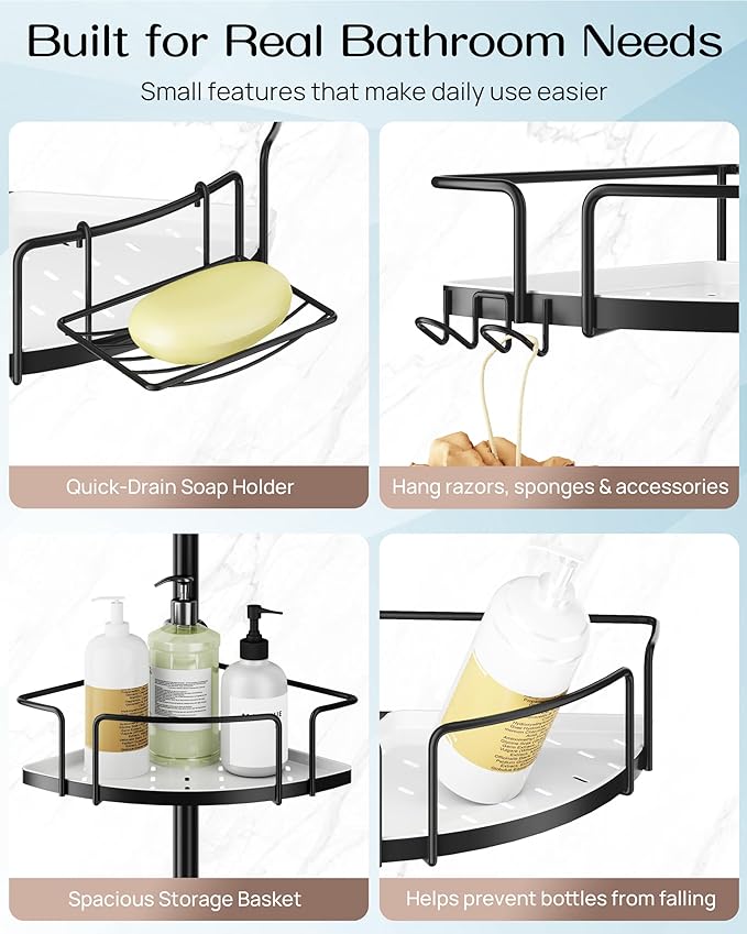 ALLZONE Corner Shower Caddy Tension Pole, 4 Repositionable Hang-On Baskets with Mixed-Height Shelves for Various Bottle Sizes