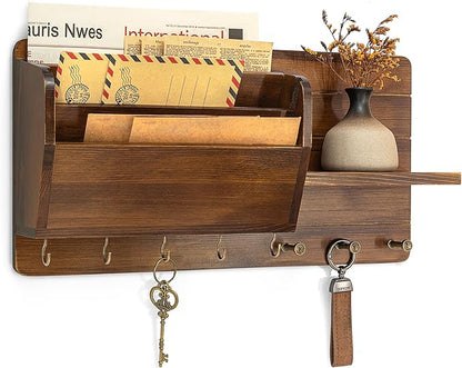 Rebee Vision Pine Wood Key Holder Wall Mount for Home Decor - Stylish Mail Holder Wall Mounted with Shelf & Hooks for Entrywa