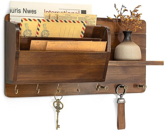 Rebee Vision Pine Wood Key Holder Wall Mount for Home Decor - Stylish Mail Holder Wall Mounted with Shelf & Hooks for Entrywa