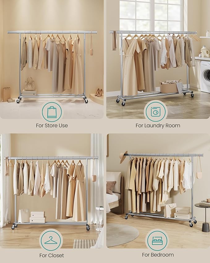SONGMICS Cabideiro com Rodas, Suporte Resistente para Roupas, Arara Portátil com Barra Extensível, Capacidade de Carga 150 kg