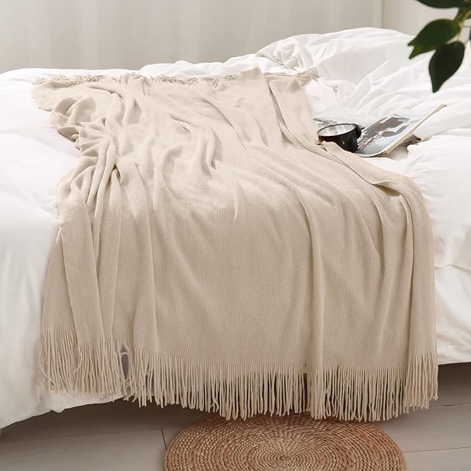 Homiest Decorative Knitted Throw Blanket with Fringe, Lightweight Acrylic Knit, Soft & Cozy Tassel Blanket for Couch, Sofa, B
