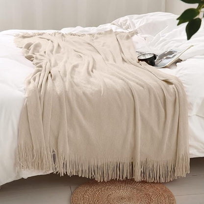 Homiest Decorative Knitted Throw Blanket with Fringe, Lightweight Acrylic Knit, Soft & Cozy Tassel Blanket for Couch, Sofa, B