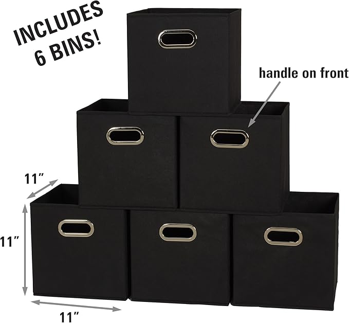 Household Essentials Foldable Fabric Storage Bins 6 Piece Set, Strong Poly-Woven Fabric, Sturdy Chipboard Sides, Grommet Fron
