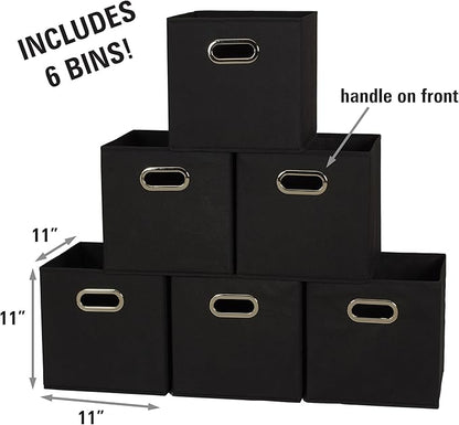 Household Essentials Foldable Fabric Storage Bins 6 Piece Set, Strong Poly-Woven Fabric, Sturdy Chipboard Sides, Grommet Fron