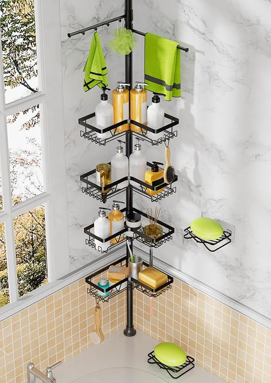 Shower Caddy Tension Pole, 4 Adjustable Corner Shower Caddy with 2 Towel Bars & 2 Soap Holders, Expands 25 to 114.2 Inches, B