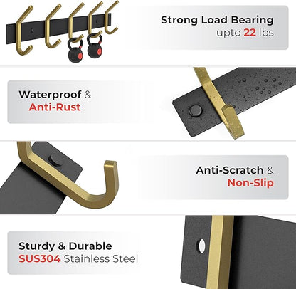 Coat Rack Wall Mount – Black and Gold Hook Rail with 5 Double Coat Hooks, 15 Inch Stainless Steel Wall Hooks for Entryway, Ba