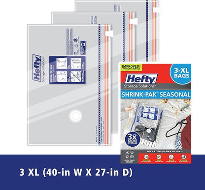 Hefty Shrink-Pak - 3 Extra Large Vacuum Storage Bags for Clothes, Pillows, Towels, or Blankets - Space Saver Vacuum Sealer Ba
