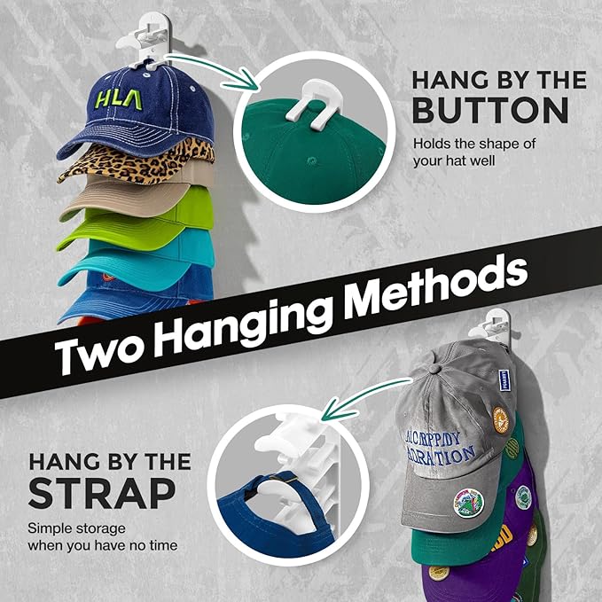 Hat Hook for Wall, 2 Pack Hat Organizer Hold up to 20 Hats,Hat Holder with Strong Adhesive and 8 Pack Screws, Cap Holder Hat 